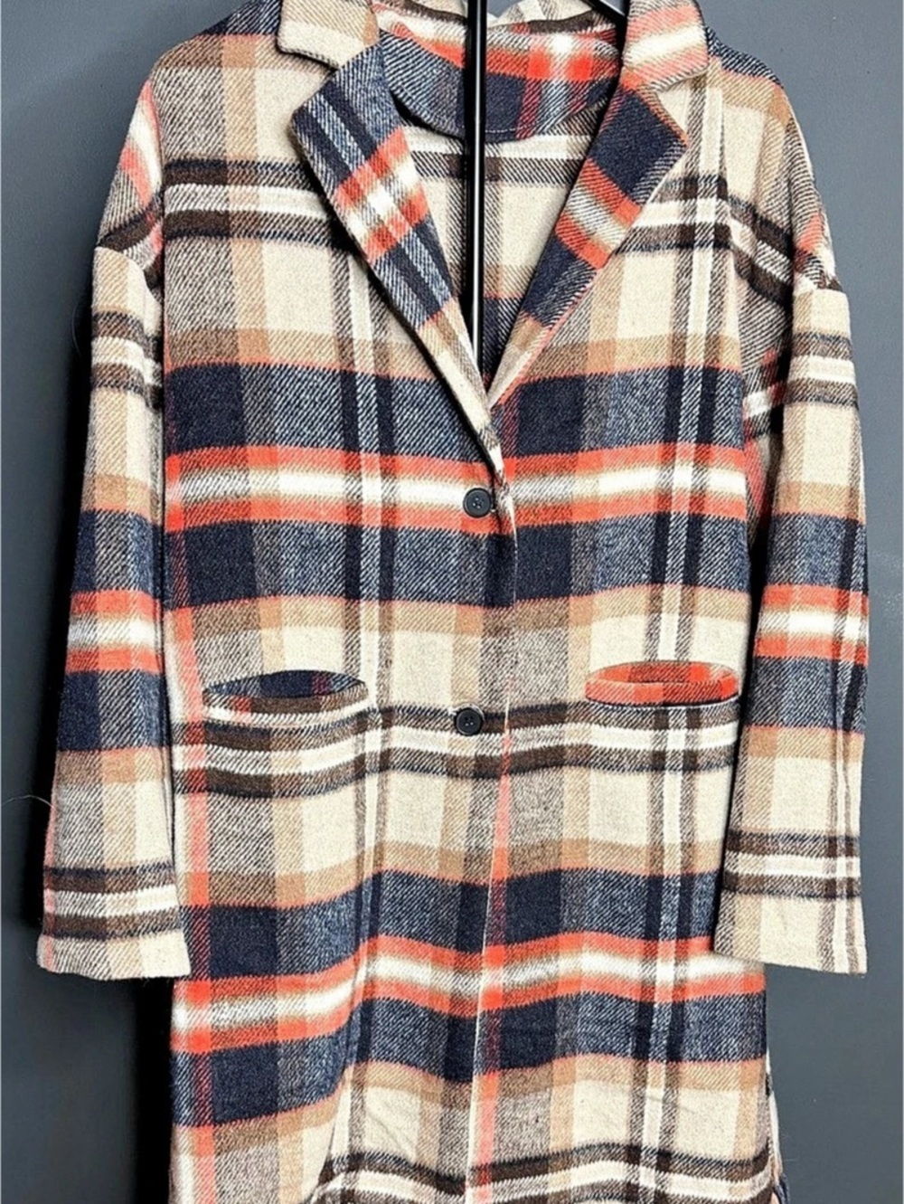 Long Pea Coat |Plaid Tan/Navy/Orange | Size small
